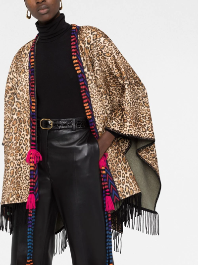 Etro Leopard Print Fringe Wool Poncho In Neutrals