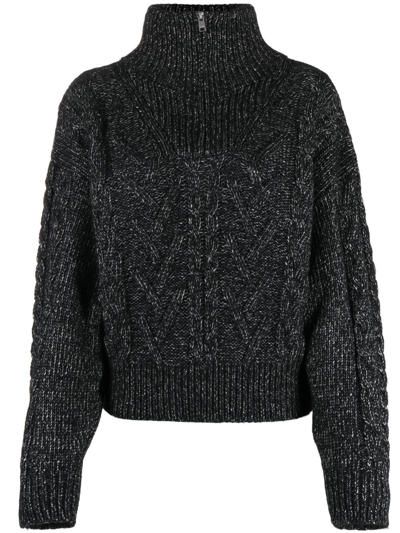 Ganni Cable-knit Sweater With Zip In Schwarz