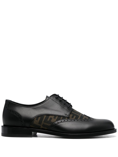 Shop Fendi Ff- Pattern Leather Derby Shoes In Schwarz