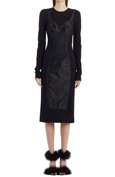 Shop Dolce & Gabbana Corset Detail Long Sleeve Midi Dress In Nero