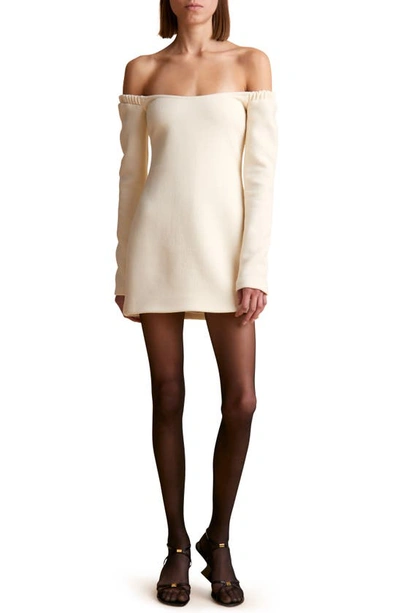 Shop Khaite Octavia Off The Shoulder Long Sleeve Wool Crepe Minidress In Bone