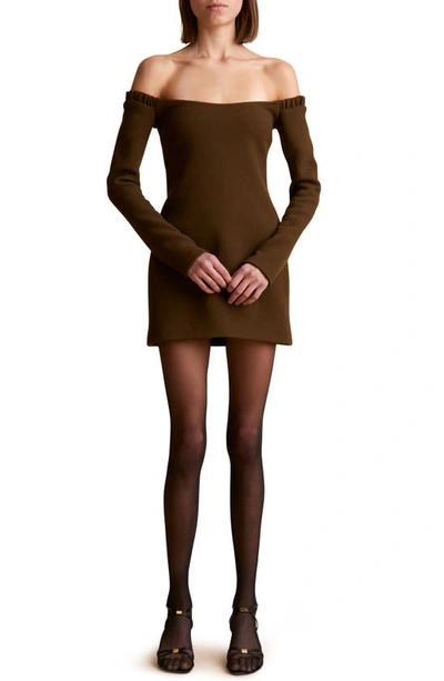 Shop Khaite Octavia Off The Shoulder Long Sleeve Wool Crepe Minidress In Peat Moss