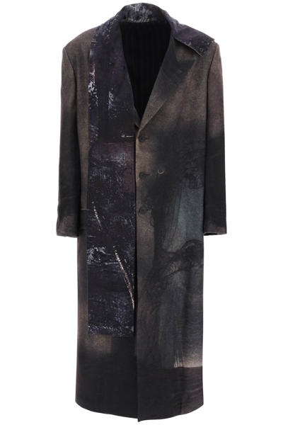 Shop Yohji Yamamoto Printed Coat With Stole In Grey,beige