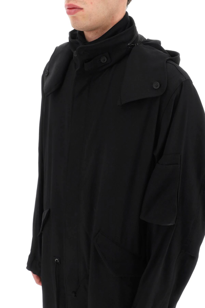 Shop Yohji Yamamoto Lightweight Wool Hooded Coat In Black