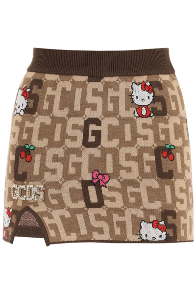 Shop Gcds Hello Kitty Monogram Jacquard Mini Skirt In Brown,beige