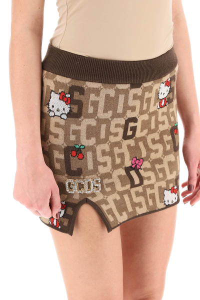 Shop Gcds Hello Kitty Monogram Jacquard Mini Skirt In Brown,beige