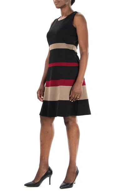 Shop Nina Leonard Sleeveless Jewel Neck Colorblock Dress In Black/ Mink/ Crimson