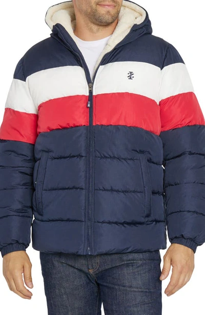 Shop Izod Faux Shearling Lined Quilted Jacket In Navy Color Block