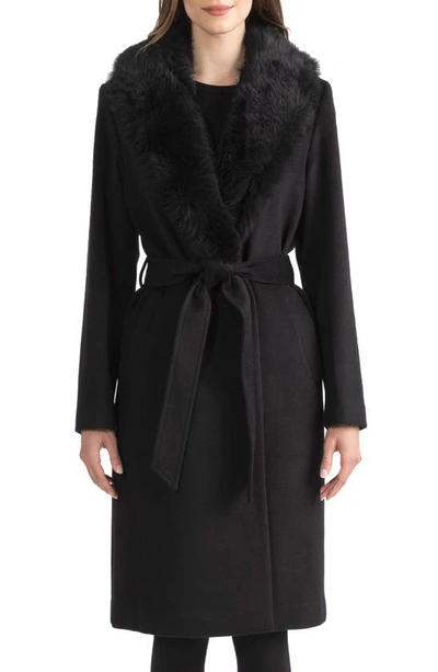 Sofia Cashmere Belted Genuine Shearling Trim Coat In Black