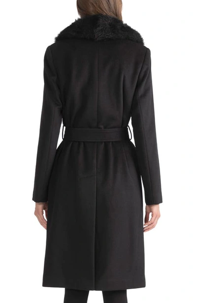Sofia Cashmere Belted Genuine Shearling Trim Coat In Black