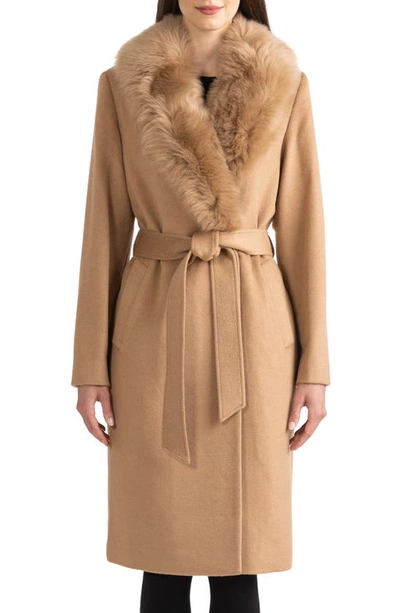 Sofia Cashmere Belted Genuine Shearling Trim Coat In Camel