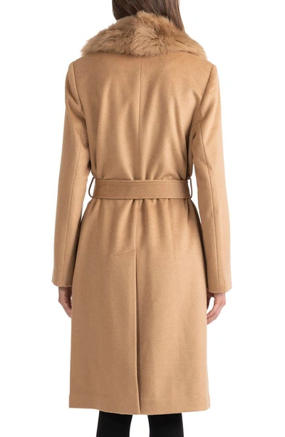 Sofia Cashmere Belted Genuine Shearling Trim Coat In Camel