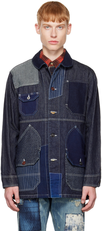 Shop Fdmtl Blue Patchwork Denim Jacket In Indigo