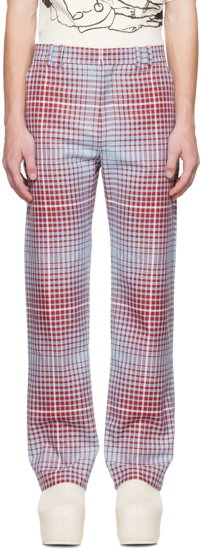 Check Cotton Straight-leg Trousers In Blue,red
