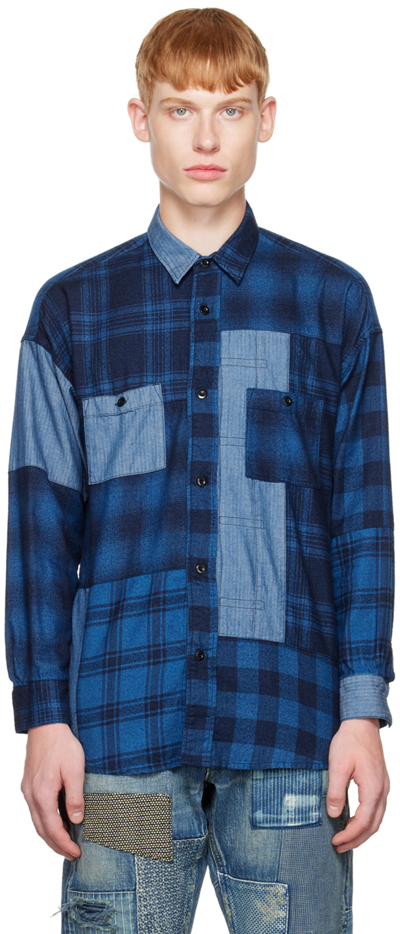 Shop Fdmtl Blue Plaid Patchwork Shirt