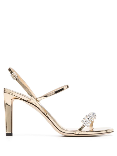 Shop Jimmy Choo Meira 85mm Crystal-embellished Sandals In Gold