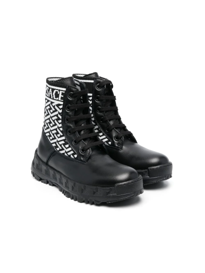 Shop Versace Greca-pattern Lace-up Boots In Black