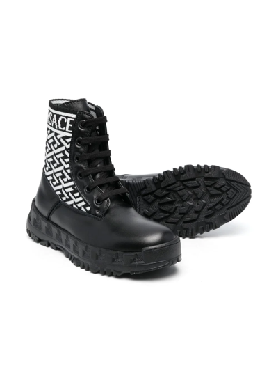 Shop Versace Greca-pattern Lace-up Boots In Black