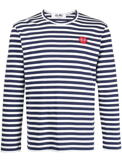 Shop Comme Des Garçons Play Logo-patch Stripe-print T-shirt In Blue