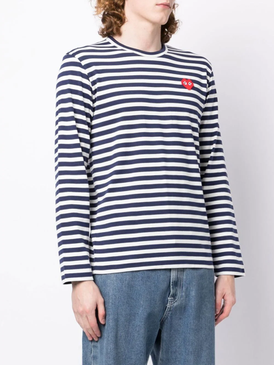 Shop Comme Des Garçons Play Logo-patch Stripe-print T-shirt In Blue