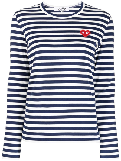 Shop Comme Des Garçons Play Stripe-pattern Logo-patch T-shirt In Blue