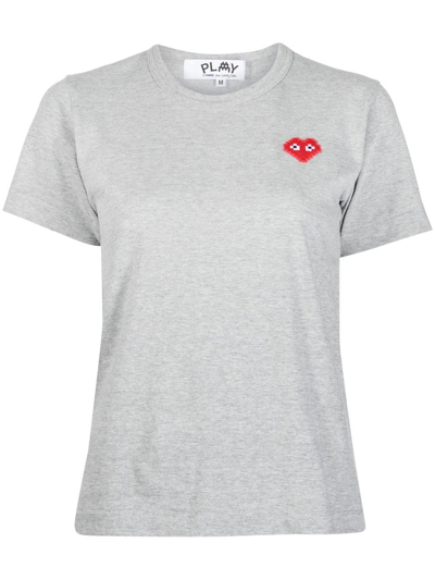 Shop Comme Des Garçons Play Pixelated Logo-patch T-shirt In Grey