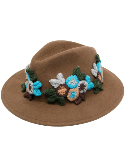 Shop Tu Lizé Floral-embroidered Hat In Brown