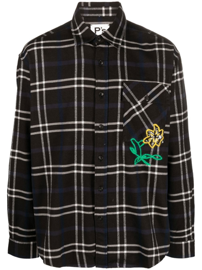 Shop President's Plaid-check Cotton Embroidered Shirt In Black