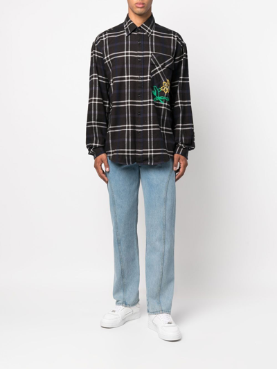 Shop President's Plaid-check Cotton Embroidered Shirt In Black