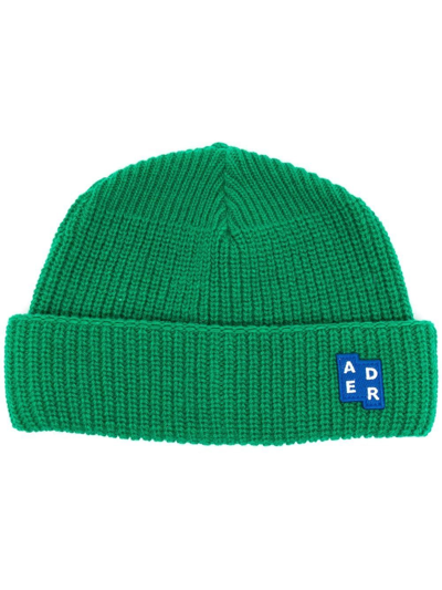 Shop Ader Error Logo-patch Ribbed-knit Beanie In Green