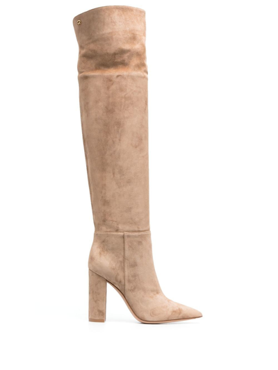 Shop Gianvito Rossi 105mm Pointed Suede Boots In Neutrals