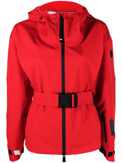 Shop Moncler Belted Hooded Jacket In Red