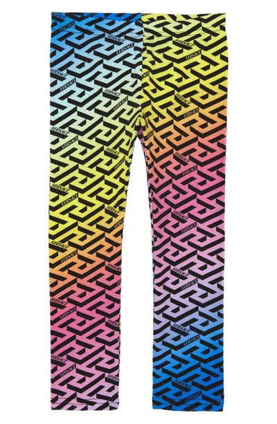 Shop Versace Kids' La Greca Rainbow Monogram Stretch Cotton Leggings In Multicolor