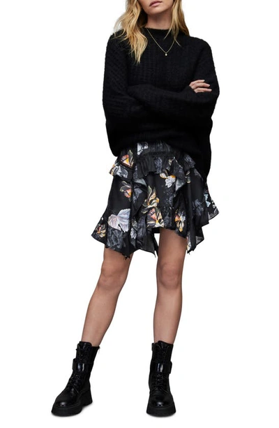 Allsaints Reese Lilly Floral Satin Miniskirt In Blue Black