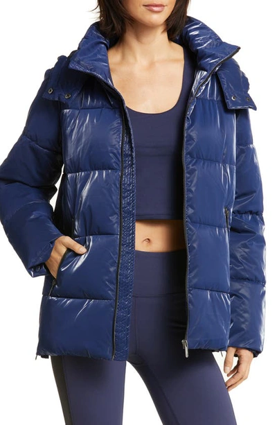 Shop Zella Snow Puffer Jacket With Removable Hood In Navy Shine