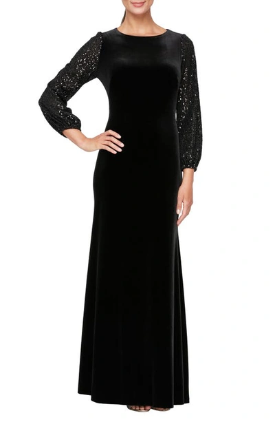 Shop Alex Evenings Mixed Media Sequin & Velvet Long Sleeve Gown In Black