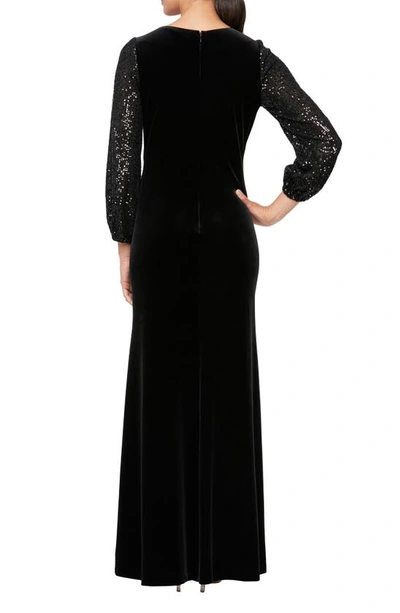 Shop Alex Evenings Mixed Media Sequin & Velvet Long Sleeve Gown In Black