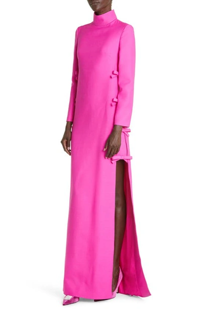 Shop Valentino Bow Detail Long Sleeve Virgin Wool & Silk Gown In Pink Pp Uwt