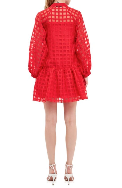 English Factory Check Organza Buttoned Long Sleeve Mini Dress In Red
