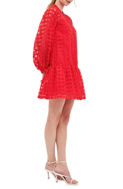 English Factory Check Organza Buttoned Long Sleeve Mini Dress In Red