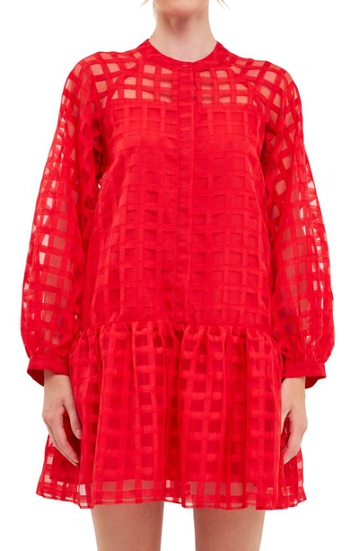 English Factory Check Organza Buttoned Long Sleeve Mini Dress In Red