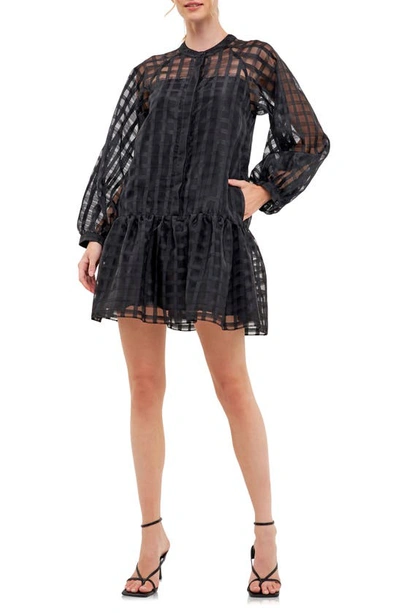 ENGLISH FACTORY ENGLISH FACTORY CHECK LONG SLEEVE ORGANZA DRESS 