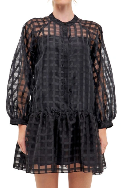 English Factory Check Long Sleeve Organza Dress In Black