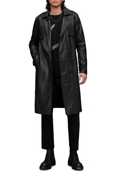 Oken Double Breasted Leather Trench Coat In Black