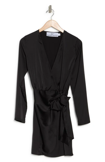 Shop Bonheur D'amour Satin Long Sleeve Wrap Minidress In Black