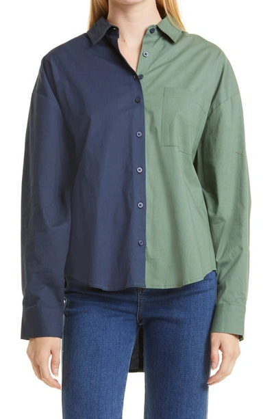 Shop Pistola Sloane Colorblock High-low Stretch Cotton Shirt In Ivy Navy Split