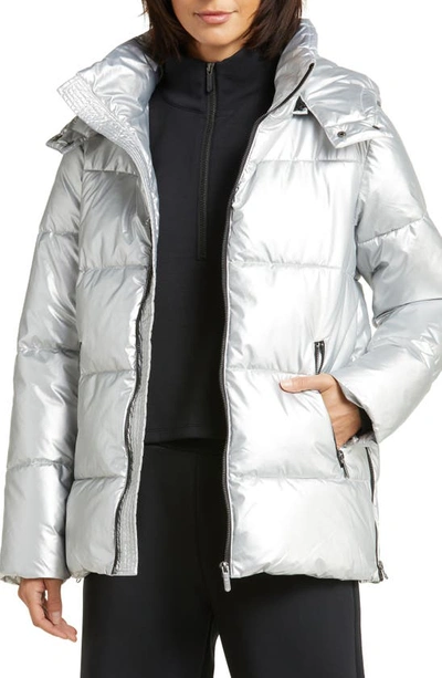 Shop Zella Snow Puffer Jacket With Removable Hood In Silver