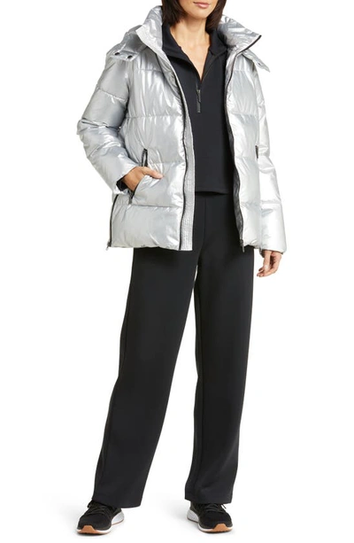 Shop Zella Snow Puffer Jacket With Removable Hood In Silver