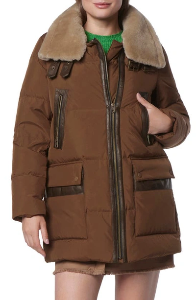 Shop Andrew Marc Dutton Genuine Shearling Trim Down & Feather Fill Puffer Parka In Sepia