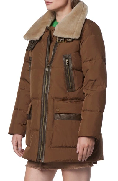 Shop Andrew Marc Dutton Genuine Shearling Trim Down & Feather Fill Puffer Parka In Sepia